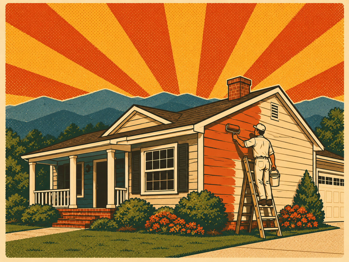 Retro-style illustration of exterior painting service in Hendersonville NC