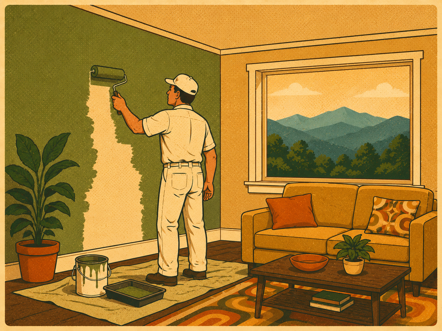 Retro-style illustration of interior painting service in Hendersonville NC