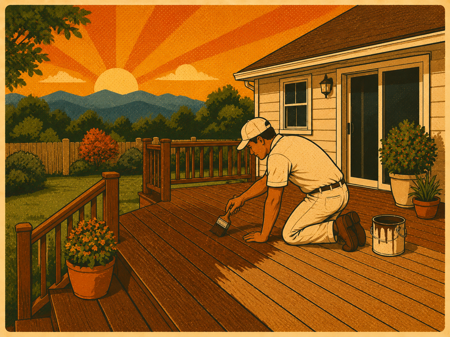 Retro-style illustration of deck staining service in Hendersonville NC