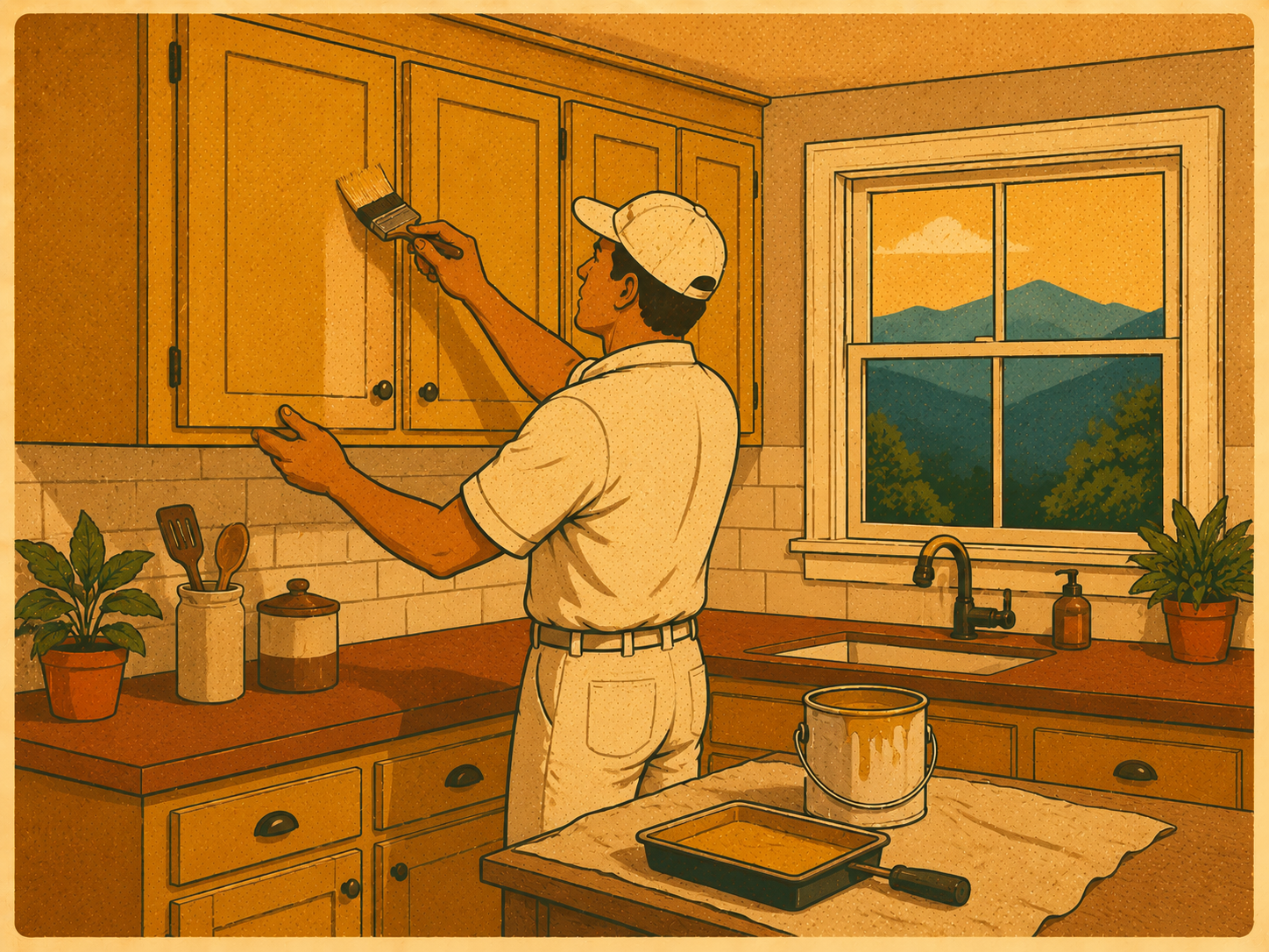 Retro-style illustration of cabinet painting service in Hendersonville NC