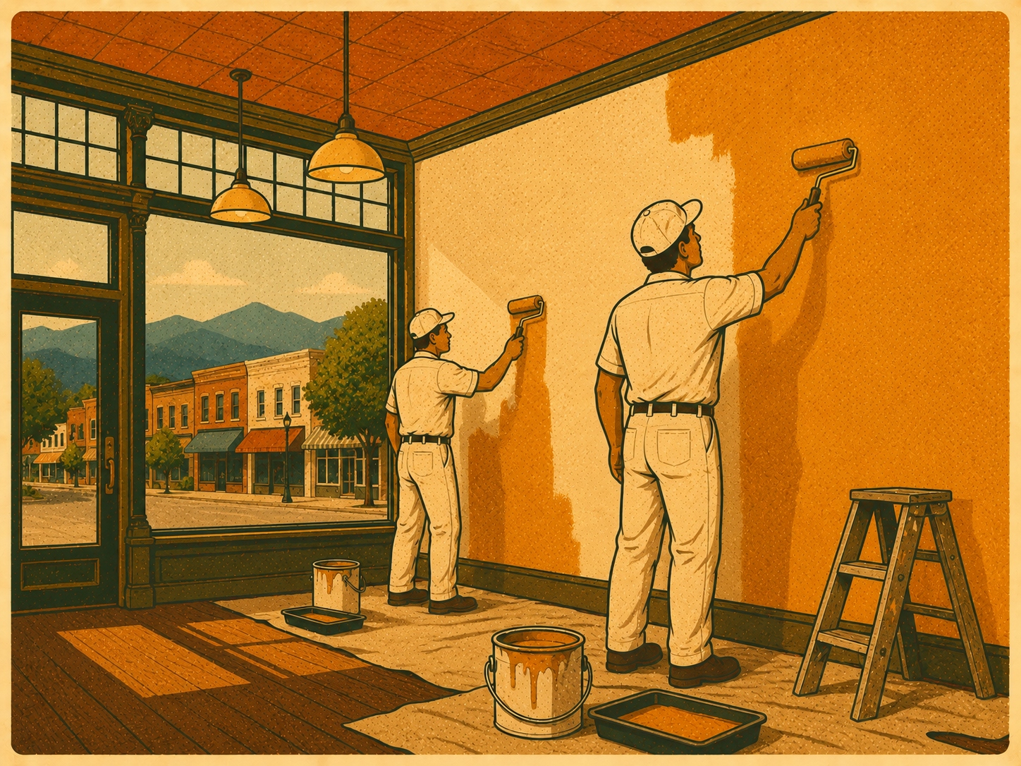 Retro-style illustration of commercial painting service in Hendersonville NC