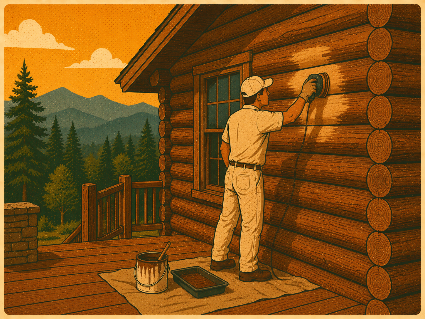 Retro-style illustration of log home and cabin restaining service in Hendersonville NC